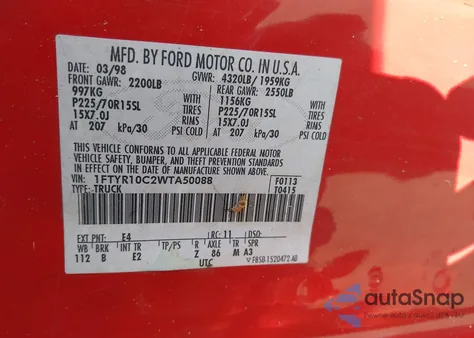 1998 Ford Ranger Splash/Xl/Xlt z USA, uszkodzony, nr VIN 1FTYR10C2WTA50088